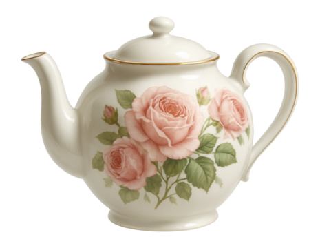 Elegant white porcelain teapot adorned with pink rose floral patterns on transparent background.
