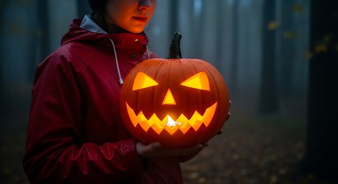 Photo of person holding a glowing carved halloween pumpkin in a dark, misty forest at night