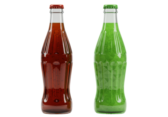 Isolated Two Glass Bottles of Fizzy Soda Drinks, Red and Green