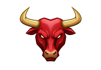 Isolated Aggressive Red Bull Head Mascot with Gold Horns