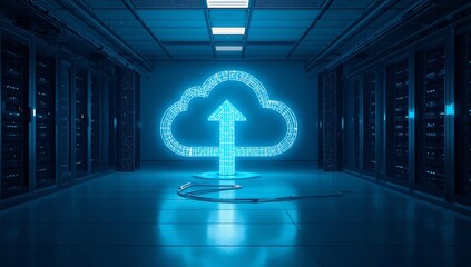 Digital cloud upload in futuristic server room