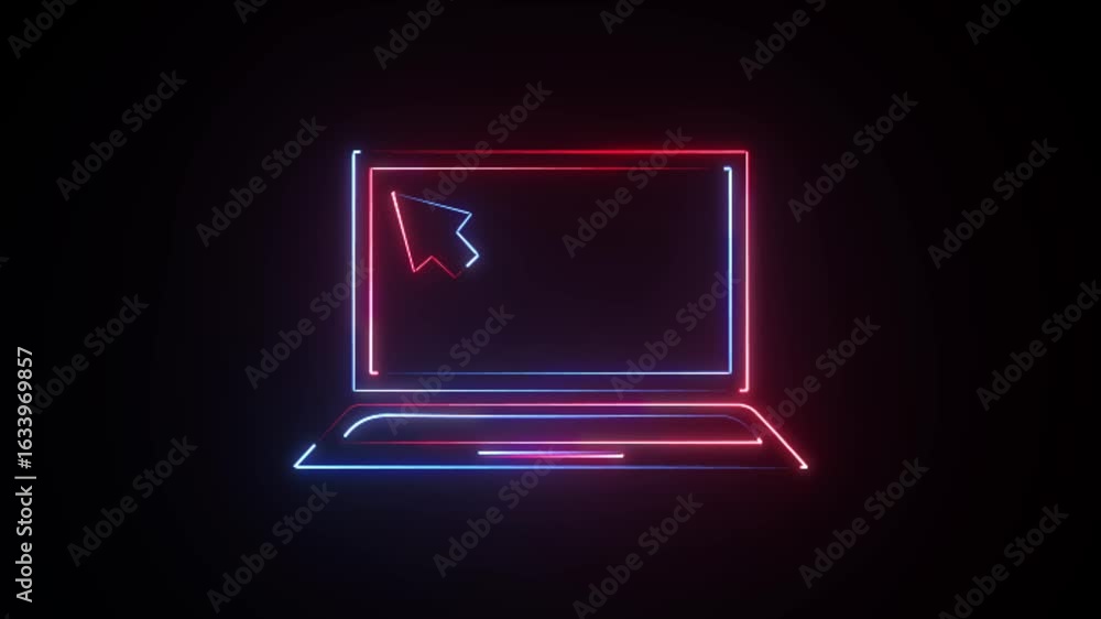 Poster glowing neon laptop screen mouse pointer signs on a black background animation.