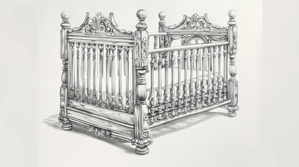 Fototapeta premium Detailed sketch of an ornate antique crib. Ornamental wood carvings decorate the headboard, footboard, and posts. 