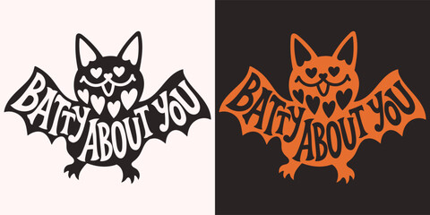 Batty about you written in bat. Happy Halloween vector lettering. Holiday lettering for banner. Happy Halloween poster, greeting card, party invitation.