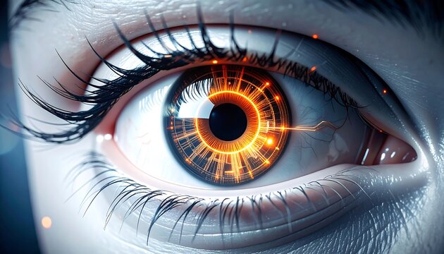 Close-up of a stylized eye with a glowing, intricate, circular pattern in its iris