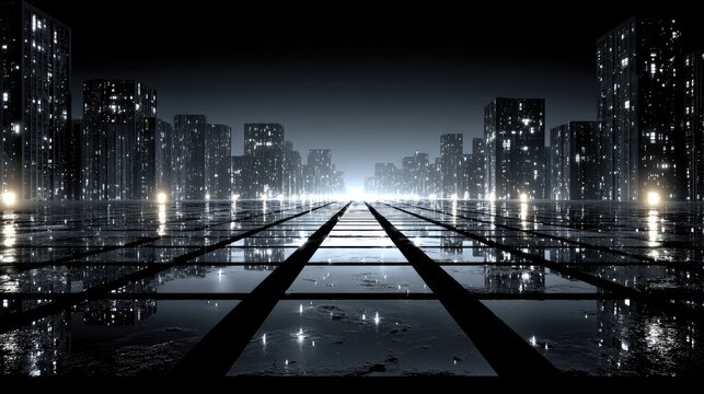 Fototapeta Futuristic city street at night, reflected on a polished surface