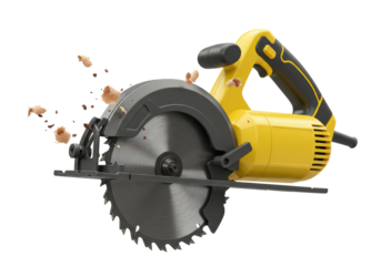 Isolated Powerful Yellow Circular Saw with Wood Shavings on White Background
