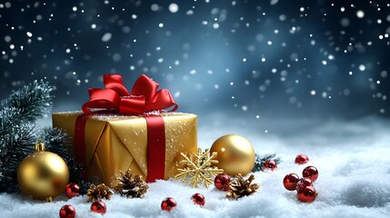 Beautifully wrapped golden gift box with red ribbon amidst snowflakes and festive decorations during winter holiday season