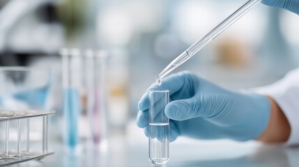 Scientist wearing blue gloves handling a transparent liquid with a pipette in a modern laboratory. A clean, high-tech setting ideal for biotechnology, research, and medical innovation visuals
