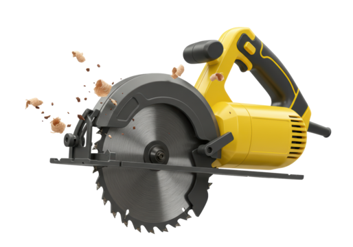 Isolated Powerful Yellow Circular Saw with Wood Shavings on White Background