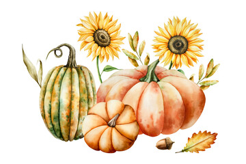 Watercolor pumpkins autumn composition. Hand-drawn halloween vegetable, oak leafs, sunflowers, harvest and thanksgiving themes. Isolated botanical illustration for seasonal food and farming articles