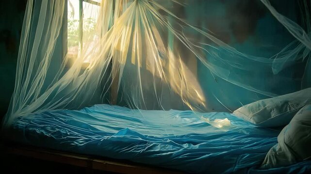 Soft morning light through window onto cozy bed with blue sheet, white pillow, and mosquito net creating peaceful, calm atmosphere serene bedroom