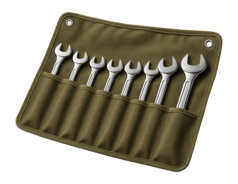 Set of shiny open-end wrenches in a green fabric pouch, neatly organized and aligned in size order on transparent background.