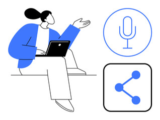 Woman sitting with laptop, gesturing during interaction. Microphone symbol and networking icon signify media, connection, digital workspace. Ideal for communication, sharing, blogging, podcast