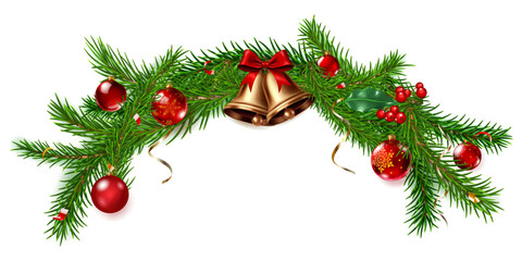 A beautiful Christmas garland composed of lush green pine branches, adorned with vibrant red ornaments and golden bells with elegant bow. With soft shadow, isolated on white background.