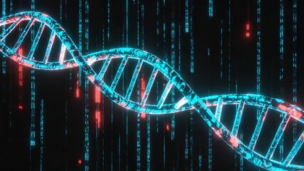 Neon DNA helix against a backdrop of flowing binary code - Powered by Adobe