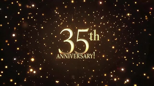35th anniversary text in gold with sparkling lights on dark background, elegant milestone celebration design
