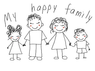 Like children drawing family mother father son daughter illustration drawn with pencils mummy daddy sister brother	
