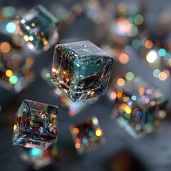 Floating, iridescent cubes in a bokeh field