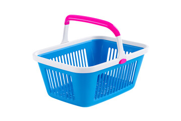 Blue plastic shopping basket with pink handle.