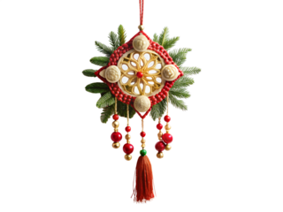 Handmade christmas ornament with red beads, gold accents, and a tassel, decorated with pine branches, isolated on transparent background