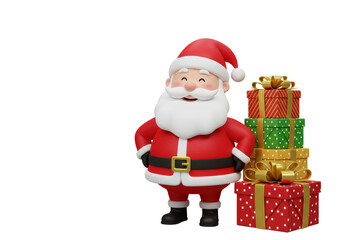 Isolated Cheerful Santa Claus with Stack of Christmas Gifts