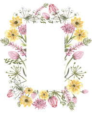 Acrylic illustration of wildflowers frame, meadow florals border, field flowers wreath