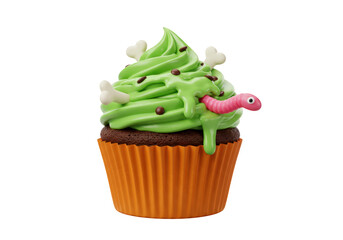 Isolated Spooky Halloween Cupcake with Green Frosting and Worm