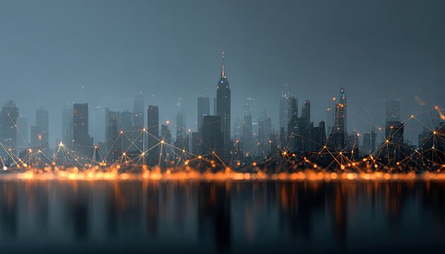 City skyline at night, interconnected by glowing lines