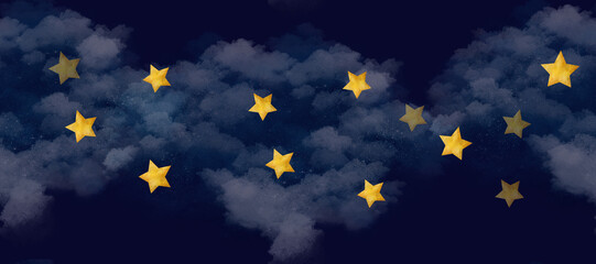 Dark blue sky, fluffy clouds, golden stars make up this space of seamless border watercolor clip art. Watercolor. Great for invitation cards, stationery or children's product packaging