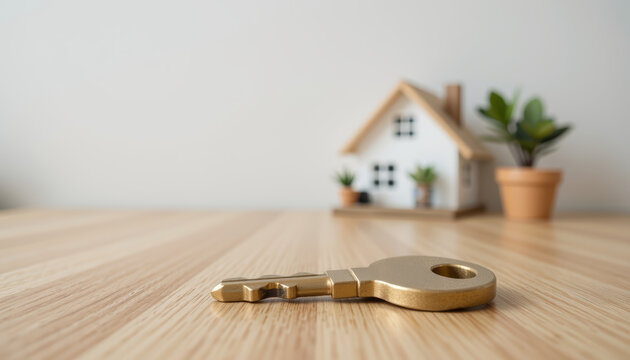 Golden key on wooden table with blurred miniature house and potted plants in background, symbolizing home ownership and new beginnings