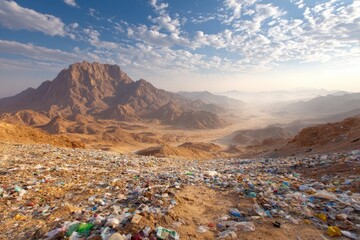 Mountaintop landfill, littered desert landscape