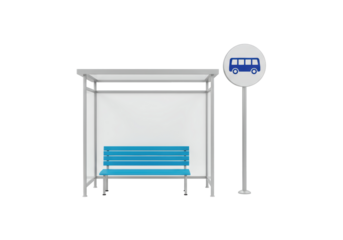 Isolated Bus Stop Shelter with Blue Bench and Sign
