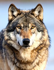 Close-up portrait of a wolf, showcasing its intense gaze and fur detail