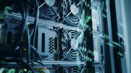 Close-up view of stacked computer servers with fans and cables, digital data overlayed - Powered by Adobe