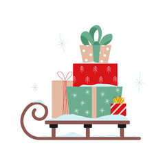Sleigh with Christmas gifts. Winter holiday season. Yew year event. Flat vector illustration. 