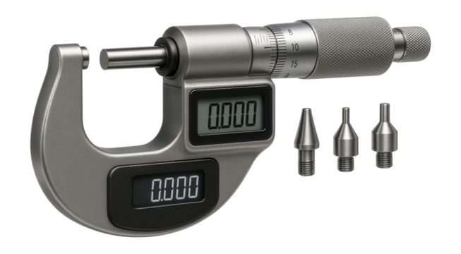 Digital micrometer with LCD display and interchangeable measuring tips on transparent background.