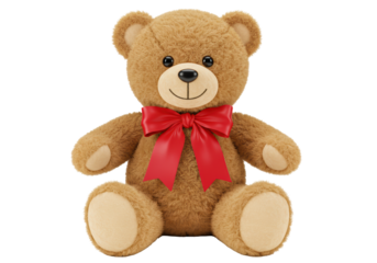 Isolated Classic Brown Teddy Bear with Red Ribbon