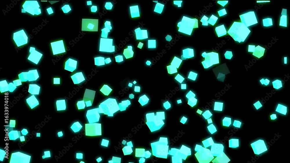 Poster abstract floating cubes: dynamic teal geometric shapes on black background