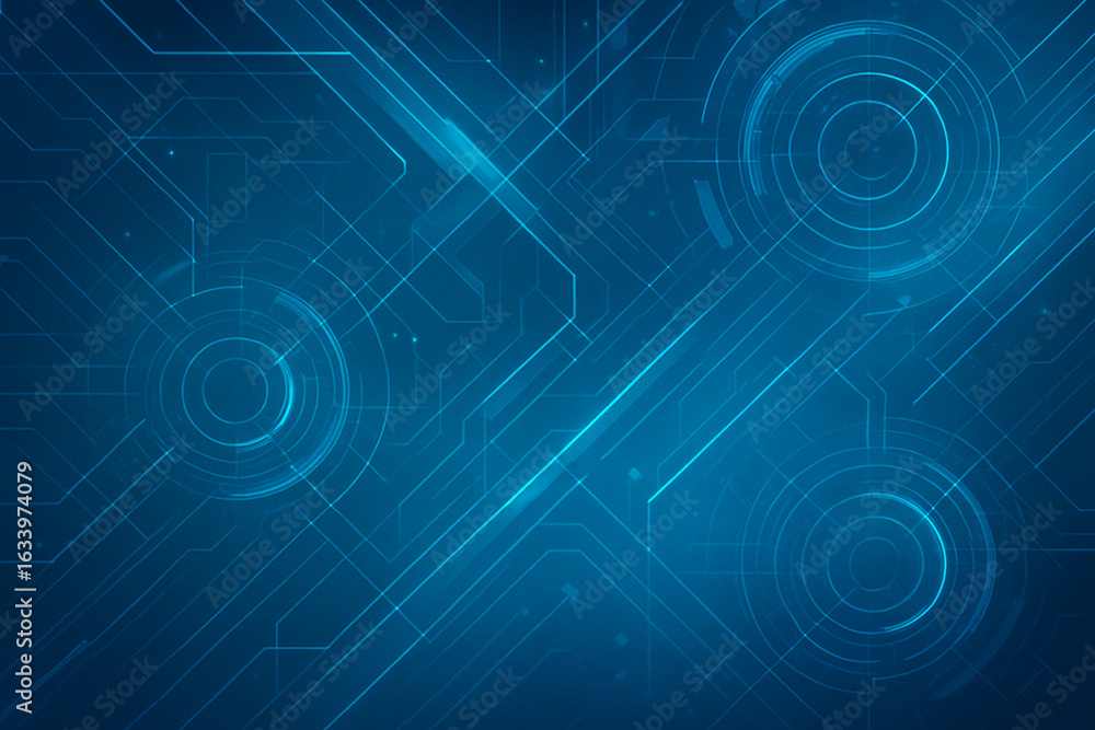Poster abstract digital circuit design with glowing lines and circles.