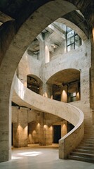 Concrete spiral staircase in a multi-level hall