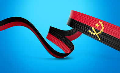 3d Flag Of Angola 3d Shiny Waving Flag Ribbon Isolated On sky blue Background 3d Illustration