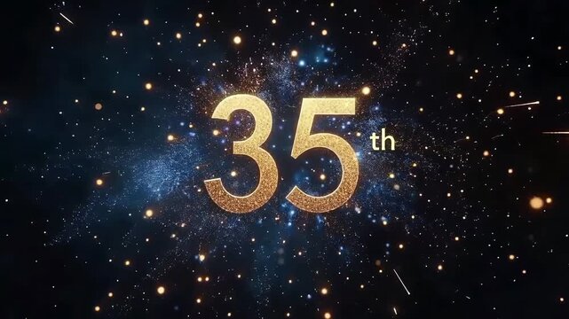 35th celebration text in golden glow with blue and gold sparkles on dark background, perfect for milestone visuals and events
