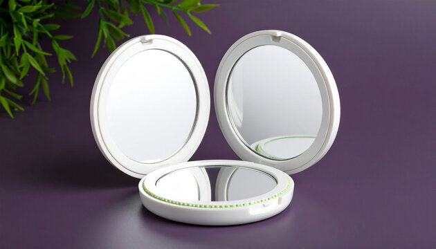 Mirrors on display: Three elegant compact mirrors with illuminated detail, against a backdrop of delicate greenery, offer a glimpse of everyday elegance and simplicity.