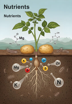 Nutrient deficiency diagram in potato plant with labeled mineral imbalances