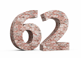Number Sixty Two 62 Digit Made Of Old Grunge Texture Wall Of Bricks 3D Illustration