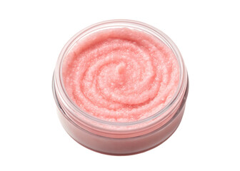 Pink body scrub swirl texture in clear jar isolated on a transparent background image