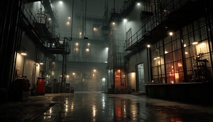 Dark, industrial alleyway at night