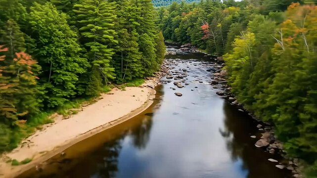 Scenic River Flowing through a Lush Green Forest with Boulders and Bright Sunlight Enhancing the Tranquil Wilderness