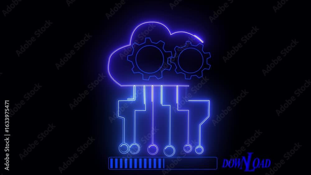 Fototapete glowing neon graphic represents that a clode with gears symbolizing clod computying and technology d